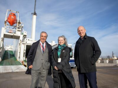 Claudio Veritiero, CEO of Peel Ports Group(left), pictured with Diane Miller, Ellesmere Port Plant Director at Stellantis, and Juan Riva, President and CEO of Suardiaz(right), at the opening ceremony of the Green Automotive manufacturing Hub